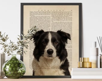 Bordercollie hond kunst aan de muur print, hond vintage boekpagina kunst, rustieke boerderij huisdier minnaar cadeau, hond portret muur decor