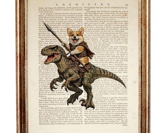 Corgi Riding Velociraptor Dictionary Art Print, Funny Dog on Dinosaur Wall Art, Animal Vintage Book Page Decor