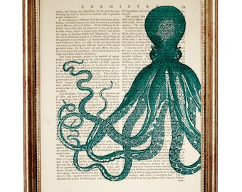 Octopus  Print Green, Octopus Art Print, Octopus Wall Decor, Sea Life Dictionary Art Print, Nautical Wall Decor, Ocean Life Poster Artwork