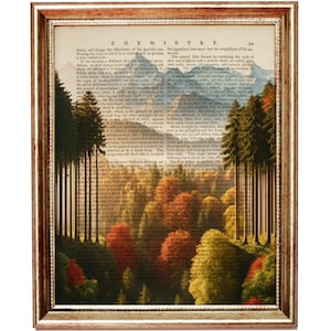Può includere: Una pagina di libro vintage con testo sulla chimica, sovrapposta a una scena di bosco autunnale colorata. Il bosco è pieno di alberi alti, foglie vibranti di colore rosso, arancione e giallo, e una catena montuosa sullo sfondo.