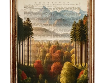 Forest Wall Decor, Landscape Vintage Dictionary Page, Autumn Wall Art Print, Mountain View Wall Decor, Pine Trees in Autumn