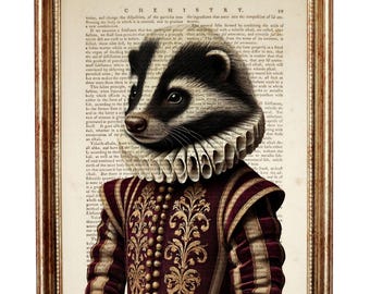Decorazione murale con puzzola striata, pagina di dizionario vintage con animali, decorazione murale con animali selvatici, poster con ritratto di animali divertenti