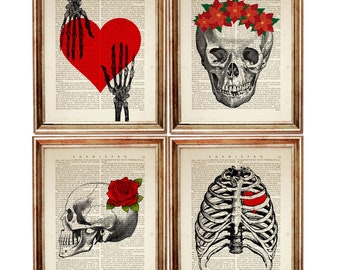 May include: Four framed prints on vintage dictionary pages. The first shows two skeletal hands reaching toward a red heart. The second features a skull wearing a red poinsettia crown. The third displays a skull with a red rose. The fourth shows a ribcage with a red heart.