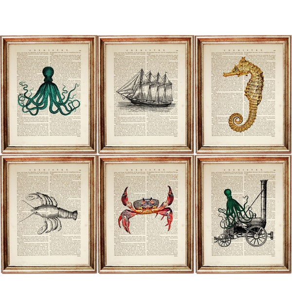 Set of 6 Art Print, Nautical Dictionary Art Print Set, Turquoise Octopus Wall Decor 8x10, Sea Horse Poster 5x7, Sailing Ship Artwork, Crab