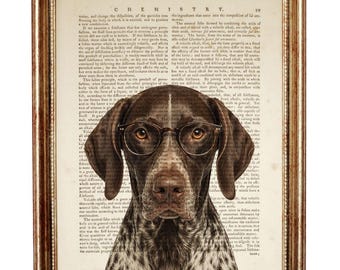 German Shorthaired Pointer Dictionary Art Print, Dog With Glasses, Vintage Dog Wall Art, GSP Portrait Poster, Home Office Decor