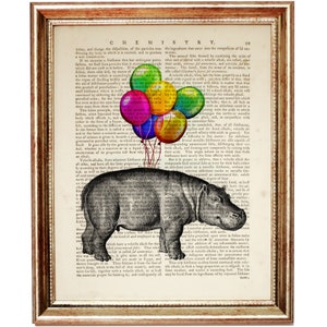 Hippopotamus Print, Hippo with Balloon Dictionary Art Print, Safari Nursery Decor, Funny Animal Wall Art, Hippo Poster
