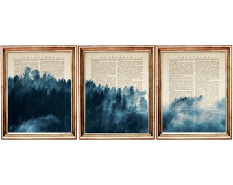 Set di 3 stampe, stampa murale Blue Forest, stampa con nebbia naturale, stampa artistica del dizionario forestale, poster sulla natura selvaggia, alberi del bosco