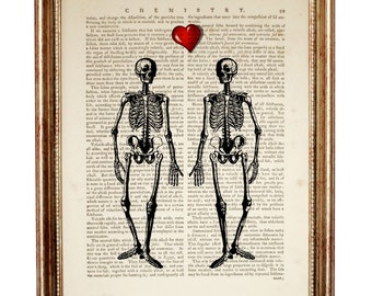 May include: A vintage book page with a black and white illustration of two skeletons holding hands. The skeletons are surrounded by text from a book about chemistry. A red heart is placed above the skeletons.