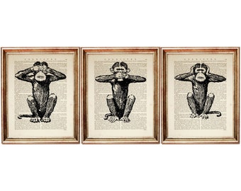 Set of 3 Prints Three Wise Monkeys, 3 Wise Monkeys, See No Evil, Hear No Evil, Speak No Evil Art Dictionary Art Print Monkey