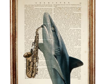 Shark Dictionary Art Print, Shark Wall Art, Shark With Saxophone, Shark Nursery Decor, Shark Nursery Ocean Life