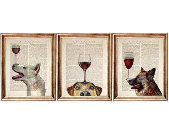 Set of 3 Wall Art, Dog with Wine Glass Dictionary Art Print, Funny Animal Prints, Wine Lover Gift Set, Dog Portrait Poster