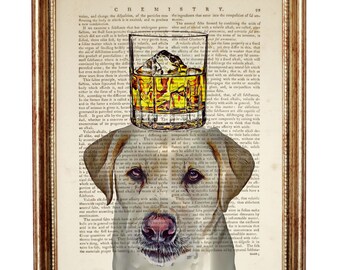 Impresión artística de whisky de Labrador, arte mural con un diccionario de perros bebiendo whisky, retrato divertido de mascota, decoración de bar de whisky, regalo para amantes de los labradores, impresión de página de libro