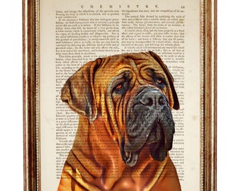 Impresión artística de diccionario de mastín inglés, retrato de perro vintage, decoración de pared, regalo para amantes de las mascotas, decoración de pared para dueños de mastines.