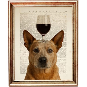 Può includere: Stampa incorniciata con un cane con un bicchiere di vino in equilibrio sulla testa. Il cane ha il pelo marrone ed è ambientato su una pagina di libro d'epoca. La parola "CHEMISTRY" è visibile in alto.