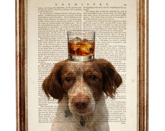 Brittany Spaniel Dictionary Art Print, Dog with Bourbon Whiskey Glass, Dog Wall Art, Vintage Book Page Poster
