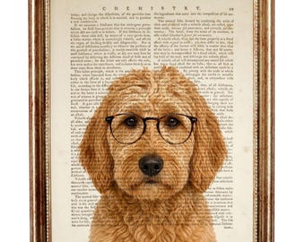 Goldendoodle Dog Dictionary Art Print, Dog With Glasses, Vintage Book Page Wall Art Decor, Funny Pet Portrait Poster