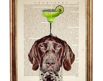 German Shorthaired Pointer  Dog Print with Cocktail, Antique Book Page Art, Pointer Martini Wall Decor
