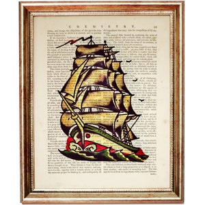 Sailor Jerry Ship Tattoo Art Print: Vintage Dictionary Page Nautical Decor