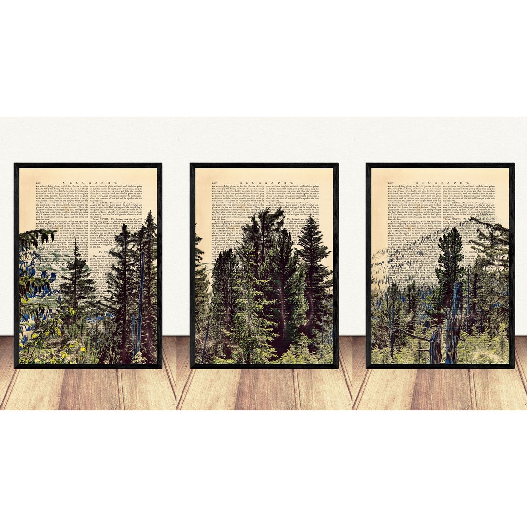 Set of 3 Forest Prints, Trees on Dictionary Book Page, Nature Wall Art ...