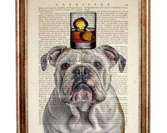 Bulldog with Whiskey Glass Art Print,Dog Book Page Animal Lover Gift