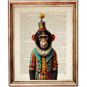 Circus Chimpanzee Art Print on Vintage Dictionary Page