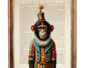 Stampa artistica di uno scimpanzé da circo su una pagina di dizionario d'epoca