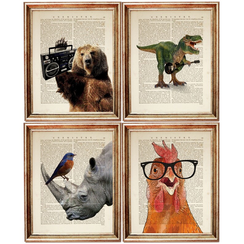 Set of 4 Funny Animal Dictionary Art Prints, Bear With Boombox, Trex