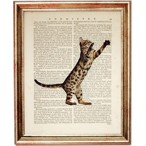Puede incluir: Una p&aacute;gina de libro vintage con un gato bengal&iacute; marr&oacute;n y negro saltando hacia la parte superior de la p&aacute;gina. El texto de la p&aacute;gina trata sobre qu&iacute;mica y la composici&oacute;n de las sales.