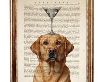 Labrador Retriever with Martini Glass Art Print, Dictionary Page Wall Decor, Dog Bar Poster, Dog Lovers Gift, Bar Wall Art