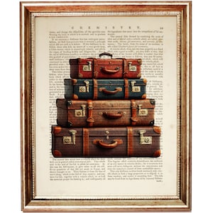 May include: A stack of vintage suitcases in various shades of brown, blue, and red, arranged in a pyramid shape. The suitcases are positioned on top of a page from an old book with the word "CHEMISTRY" printed at the top.