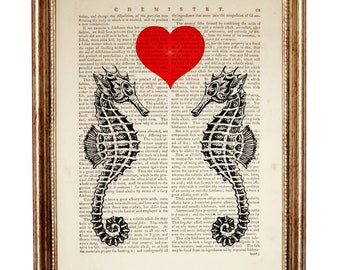 Sea Horse Dictionary Art Print, Whimsical Sea Horse Couple Poster, Oceanic Art Print, Sea Life Poster, Underwater Love Artwork