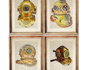 Set of 4 Vintage Diving Helmet Prints on Antique Dictionary Pages, Nautical Maritime Wall Art for Bathroom or Office, Ocean Decor