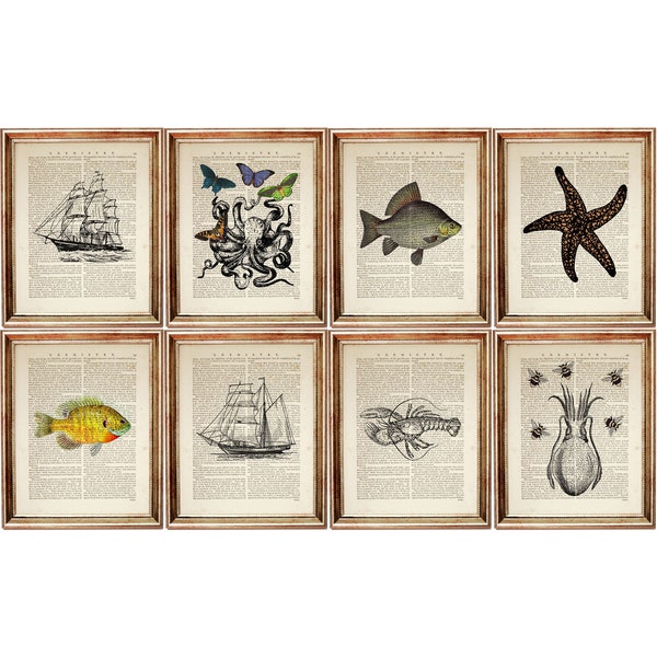 Set of 8 Underwater Life Dictionary Art Prints, Nautical Wall Decor, Fish Poster, Octopus with bees Artwork 8x10, Sailing Ship Wall Hanging