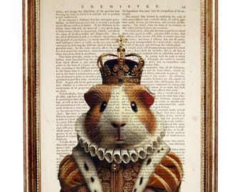 Royal Guinea Pig Art Print on Vintage Dictionary Page