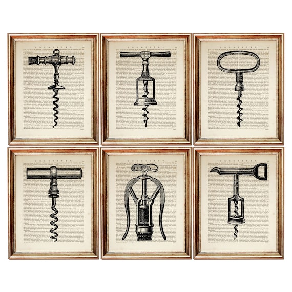Wine Bottle Opener Wall Art Set of 6 Prints Corkscrew Bottle Etsy