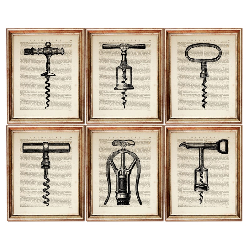 Wine Bottle Opener Wall Art Set of 6 Prints Corkscrew Bottle Etsy UK