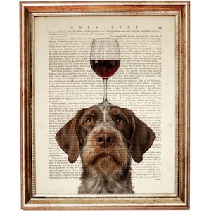 Pode incluir: Impressão emoldurada com um cão com um copo de vinho na cabeça, em um fundo de página de livro antigo. A palavra "CHEMISTRY" é visível. A moldura é dourada.