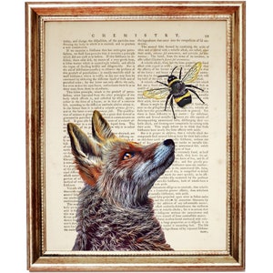 May include: A vintage book page with a fox and a bee illustration. The fox is looking up at the bee, which is perched on a flower. The text on the page is about chemistry and the properties of salts.