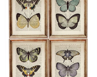 Juego de 4 impresiones, impresión de arte de pared de mariposas, decoración de guardería de mariposas, impresión de arte de diccionario, decoración de pared de mariposas, arte de mariposas