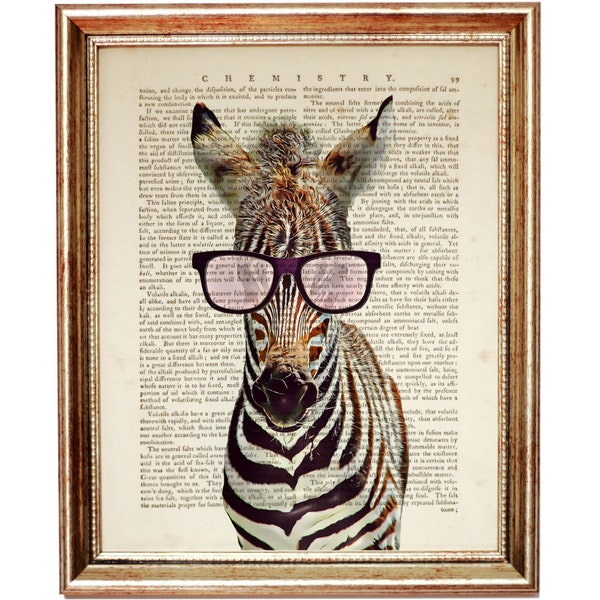 Art mural zèbre avec des lunettes, impression d'art dictionnaire animal drôle, tenture murale zèbre, décoration animal safari, lunettes de soleil zèbre