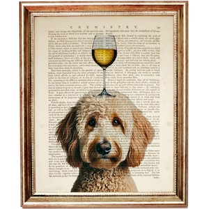 Poster Goldendoodle con cane e bicchiere di vino, stampa artistica con dizionario, regalo per amanti dei cani, decorazione da parete con ritratto di animale domestico, poster divertente con cane