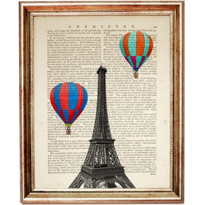 Eiffel Tower with Hot Air Balloons Dictionary Art Print, Paris Vintage Book Page Art, Travel Poster Wall Art, French Wall Decor