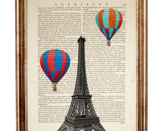 Impresión artística de diccionario de la Torre Eiffel con globos aerostáticos, arte de página de libro de París, póster de viaje, decoración de pared francesa