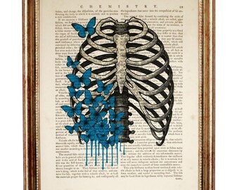 Brustkorb mit Blauen Schmetterlingen, Kunstdruck, Wörterbuchseite, Gothic Surreal Anatomie Wandkunst, Dark Academia Wanddeko