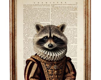 Stampa artistica "Raccoon Lord" tratta da un dizionario, poster vintage con pagina di libro.