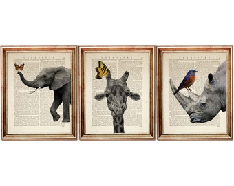 Set of 3 Prints, Safari Nursery Prints Black and White, Animals with Butterfly Dictionary Art Print, Giraffe Poster