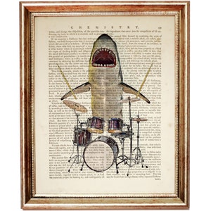 Shark Wall Art, Shark Playing Drums Dictionary Art Print, Shark Wall Art, Funny Animal Art Print, Shark Musician Wall Decor