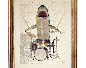 Shark Wall Art, Shark Playing Drums Dictionary Art Print, Shark Wall Art, Funny Animal Art Print, Shark Musician Wall Decor