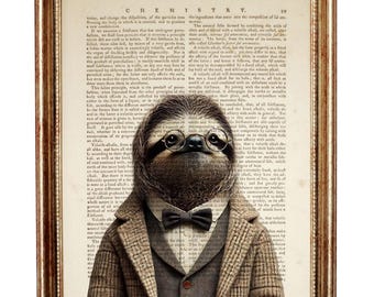 Gentleman Sloth Dictionary Art Print, Quirky Animal Wall Decor, Jungle Animal Vintage Book Page Art, Sloth Wearing Glass