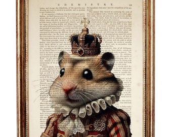Lámina artística del diccionario de hámster real, divertido retrato de animal con corona, decoración de pared para mascotas, regalo para amantes de los hámsteres, arte vintage de página de libro.